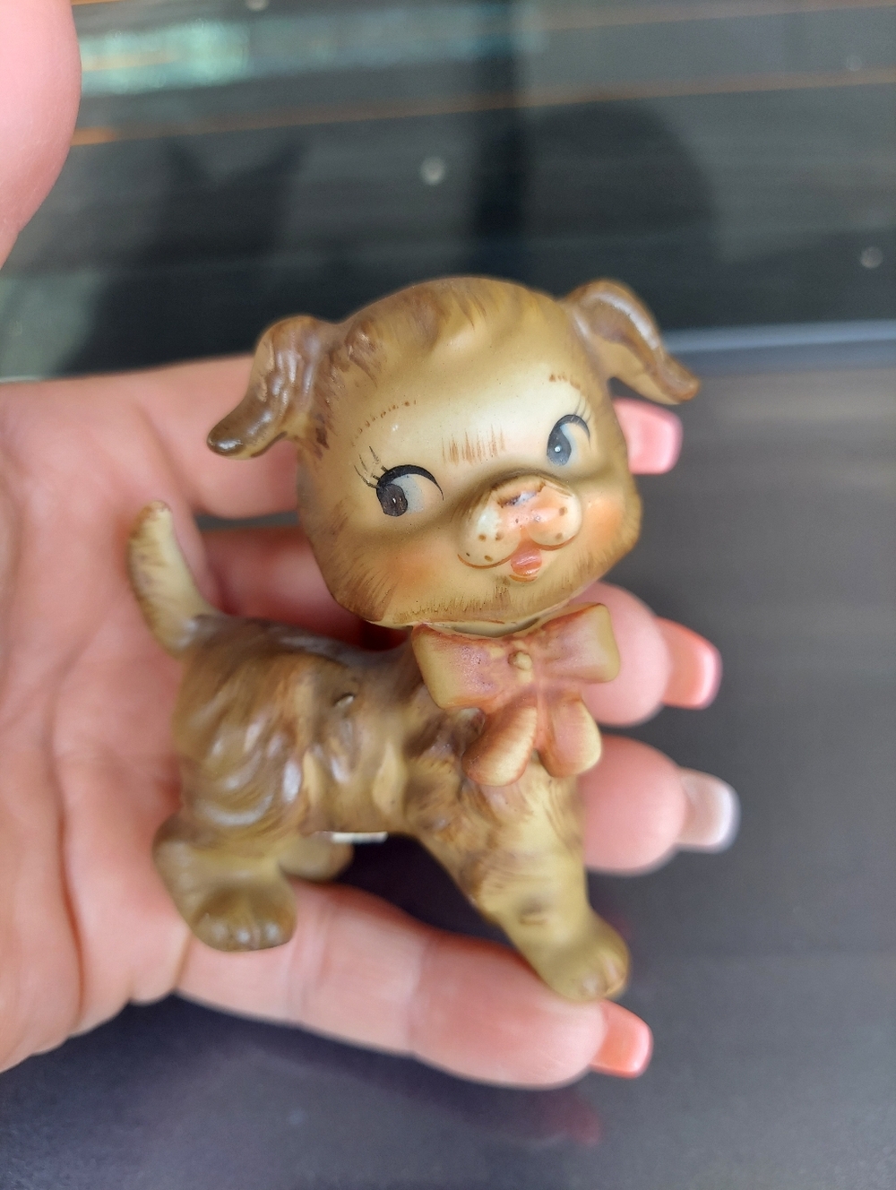 Vintage Hand-Painted Brown Ceramic Puppy Figurine Decorative Accent